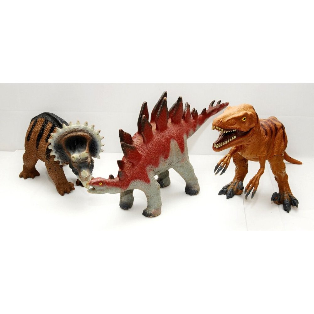 Large Toy Dinosaur Lot: T-Rex, Triceratops ,  and Stegosaur 15-20 inch Rubber